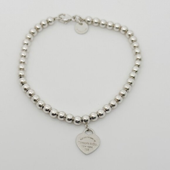 Small 7" Return to Tiffany Blue Enamel Heart Tag Bead Charm Bracelet - Picture 2 of 7